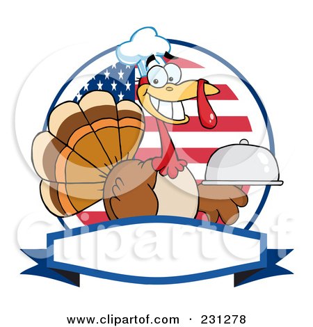 Royalty-Free (RF) Clipart Illustration of a Thanksgiving Turkey Bird Chef Holding A Platter Over A Blank Banner - 3 by Hit Toon
