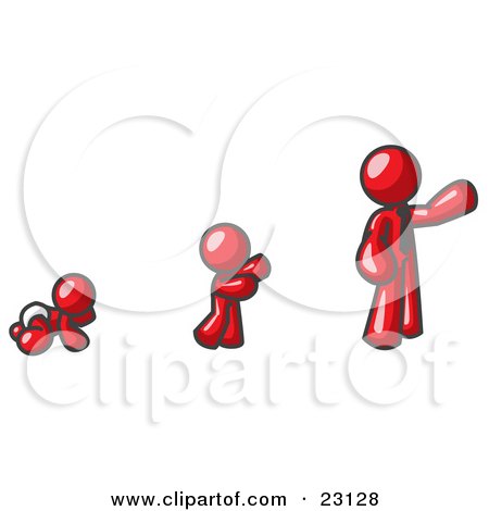Clipart Illustration of a Red Man in His Growth Stages of Life, as a Baby, Child and Adult by Leo Blanchette