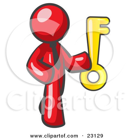 Clipart Illustration of a Red Businessman Holding up a Large Golden Skeleton Key by Leo Blanchette