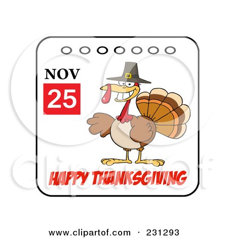 Royalty-Free (RF) Clipart Illustration of a Happy Thanksgiving November 25th Calendar With A Turkey Bird - 1 by Hit Toon