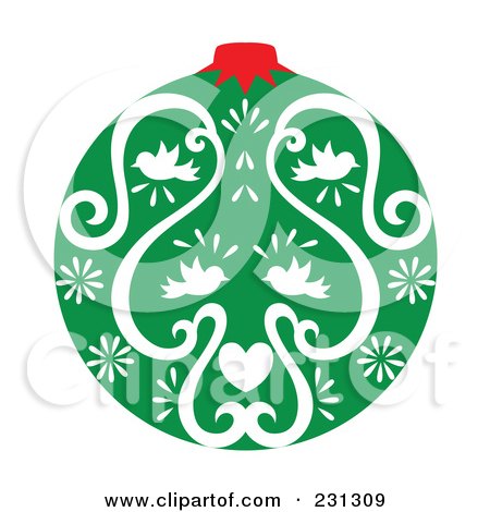 Royalty-Free (RF) Clipart Illustration of a Green And White Christmas Ornament With Heart And Bird Designs by Cherie Reve