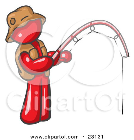 Clipart Illustration of a Red Man Wearing A Hat And Vest And Holding A Fishing Pole by Leo Blanchette