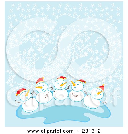 Royalty-Free (RF) Clipart Illustration of a Group Of Happy Snow Children Wearing Santa Hats In The Snow Over Blue by Cherie Reve