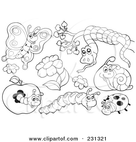 Royalty-Free (RF) Clipart Illustration of a Digital Colage Of Coloring Page Outlines Of Flowers And Bugs by visekart