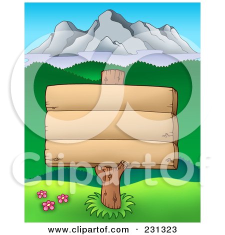 Royalty-Free (RF) Clipart Illustration of a Blank Woodn Sign With A Mountain Landscape by visekart