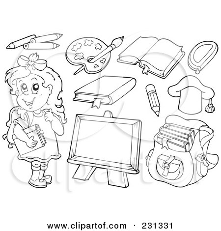 Royalty-Free (RF) Clipart Illustration of a Digital Colage Of Coloring Page Outlines Of Educational Items by visekart