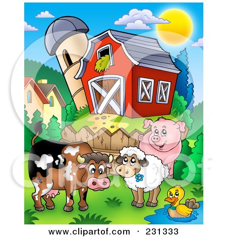 Royalty-Free (RF) Clipart Illustration of Barnyard Animals By A Fence Near A Barn And Silo Granary by visekart