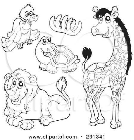 Royalty-Free (RF) Clipart Illustration of a Digital Collage Of Coloring Page Outlines Of A Vulture, Bones, Tortoise, Lion and Giraffe by visekart