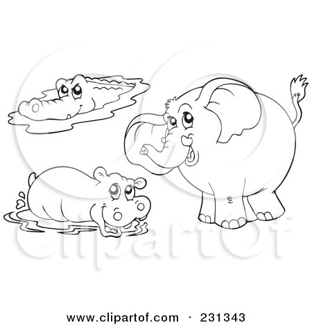 Royalty-Free (RF) Clipart Illustration of a Digital Collage Of Coloring Page Outlines Of A Crocodile, Hippo And Elephant by visekart