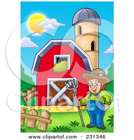 Royalty-Free (RF) Clipart Illustration of a Male Farmer By A Barn And Silo Granary by visekart