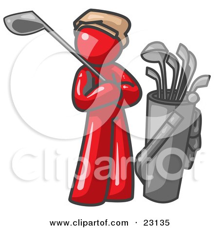 Clipart Illustration of a Red Man Standing by His Golf Clubs by Leo Blanchette