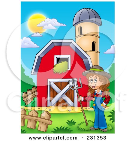 Royalty-Free (RF) Clipart Illustration of a Female Farmer By A Barn And Silo Granary by visekart