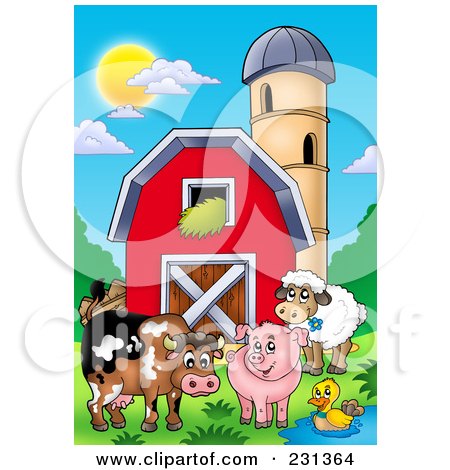 Royalty-Free (RF) Clipart Illustration of Barnyard Animals By A Barn And Silo Granary by visekart