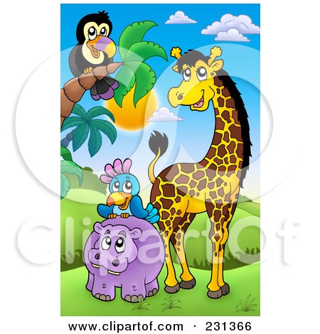 Royalty-Free (RF) Clipart Illustration of a Hippo, Parrot, Giraffe And Toucan In An African Landscape by visekart