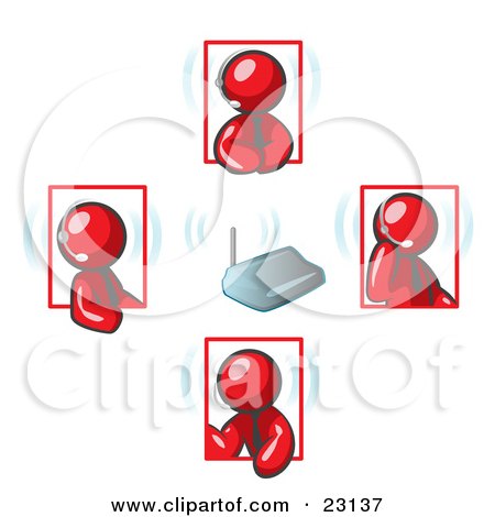 Clipart Illustration of Red Men Holding A Phone Meeting And Wearing Wireless Headsets by Leo Blanchette