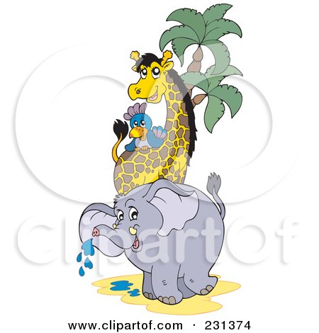 Royalty-Free (RF) Clipart Illustration of a Parrot, Giraffe And Elephant By A Palm Tree by visekart