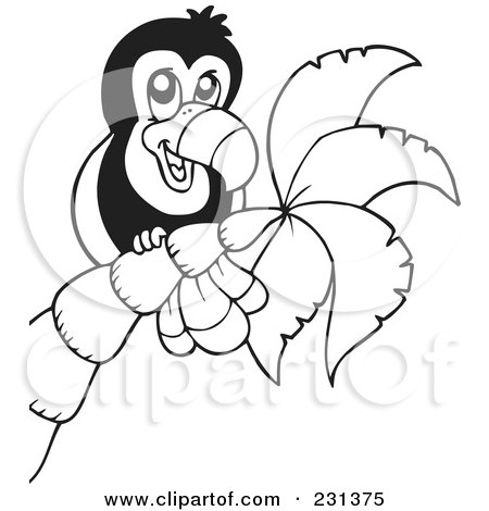 Royalty-Free (RF) Clipart Illustration of a Coloring Page Outline Of A Toucan In A Palm Tree by visekart