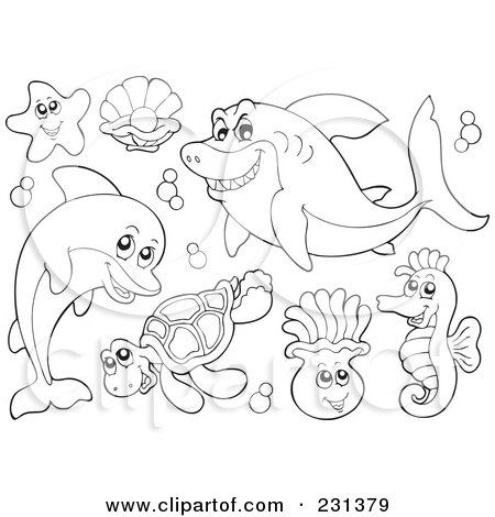 Royalty-Free (RF) Clipart Illustration of a Digital Collage Of Coloring Page Outlines Of Sea Creatures - 2 by visekart
