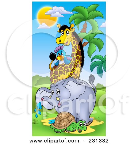 Royalty-Free (RF) Clipart Illustration of a Tortoise, Elephant, Giraffe And Parrot In An African Landscape by visekart