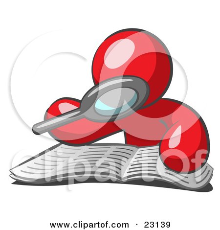 Clipart Illustration of a Red Man Using A Magnifying Glass To Examine The Facts In The Daily Newspaper by Leo Blanchette