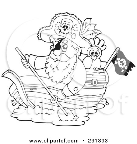 Royalty-Free (RF) Clipart Illustration of a Coloring Page Outline Of A Pirate In A Boat by visekart