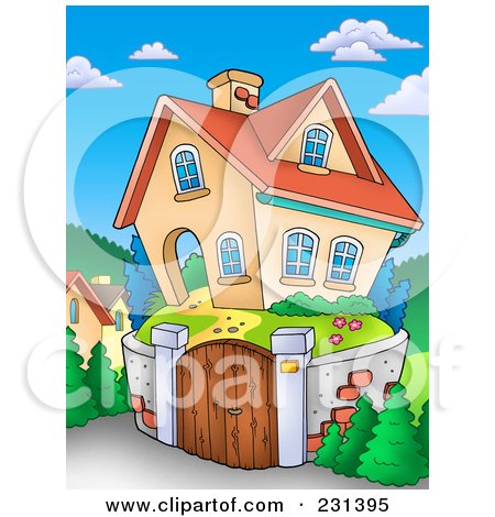 Royalty-Free (RF) Clipart Illustration of a Home With A Stone Wall Around The Yard by visekart