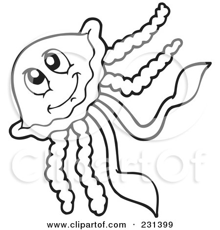 Royalty-Free (RF) Clipart Illustration of a Coloring Page Outline Of A Happy Squid by visekart