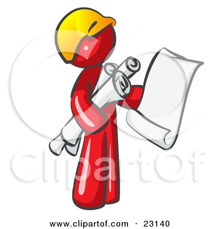 Clipart Illustration of a Red Man Contractor Or Architect Holding Rolled Blueprints And Designs And Wearing A Hardhat by Leo Blanchette