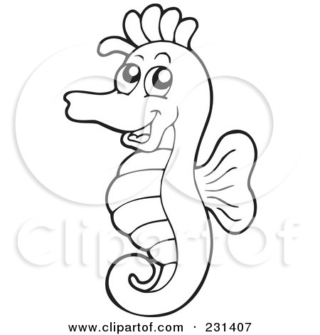 Royalty-Free (RF) Clip Art Illustration of a Coloring Page Outline Of A Happy Seahorse by visekart