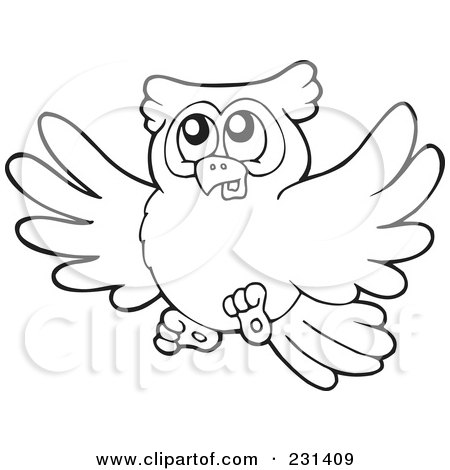 Royalty-Free (RF) Clipart Illustration of a Coloring Page Outline Of A Flying Owl by visekart