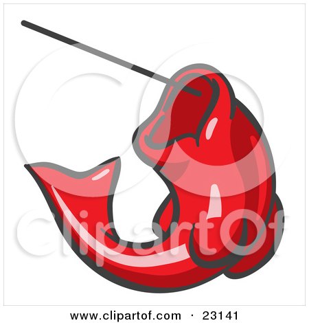 Clipart Illustration of a Red Fish Jumping Up And Biting A Hook On A Fishing Line by Leo Blanchette
