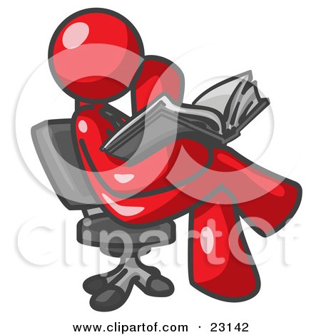 Clipart Illustration of a Red Man Sitting Cross Legged in a Chair and Reading a Book by Leo Blanchette
