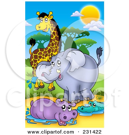 Royalty-Free (RF) Clipart Illustration of a Cute Elephant, Giraffe, Hippo And Crocodile by visekart