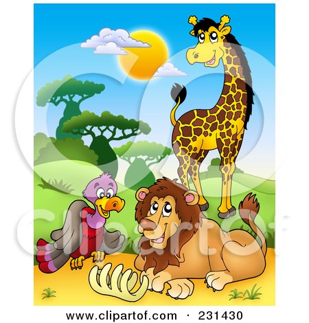 Royalty-Free (RF) Clipart Illustration of a Giraffe, Vulture And Lion By A Rib Cage by visekart