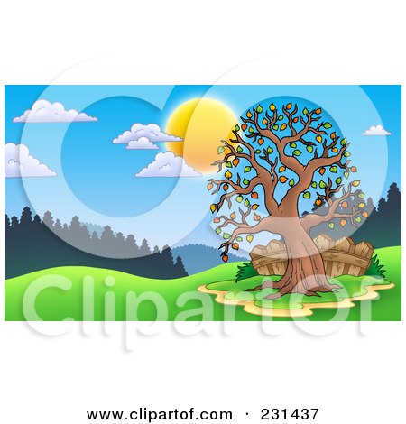Royalty-Free (RF) Clipart Illustration of a Fall Tree And Fence In A Meadow by visekart