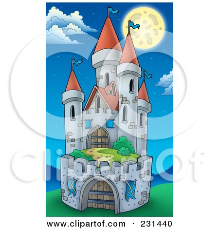 Royalty-Free (RF) Clipart Illustration of a Fortified Medieval Castle Under A Full Moon by visekart