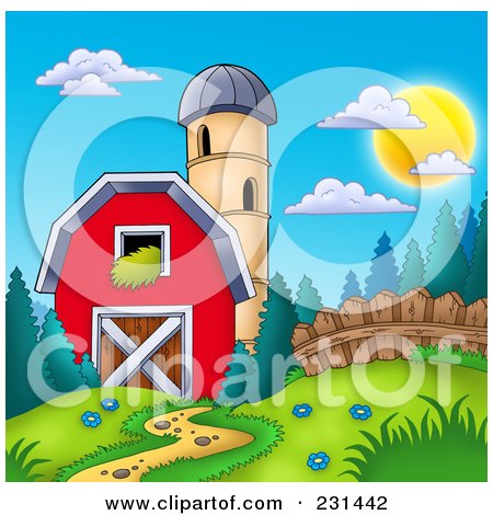 Royalty-Free (RF) Clipart Illustration of a Silo Granary By A Red Barn - 1 by visekart