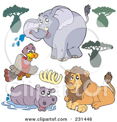 Royalty-Free (RF) Clipart Illustration of a Digital Collage Of Trees, A Vulture, Elephant, Ribs, Hippo And Lion by visekart