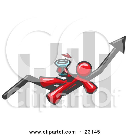 Clipart Illustration of a Red Business Owner Man Relaxing on an Increase Bar and Drinking, Finally Taking a Break by Leo Blanchette