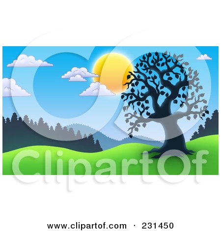 Royalty-Free (RF) Clipart Illustration of a Silhouetted Tree And Fence In A Meadow by visekart