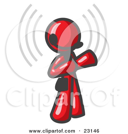 Clipart Illustration of a Red Customer Service Representative Taking a Call With a Headset in a Call Center by Leo Blanchette