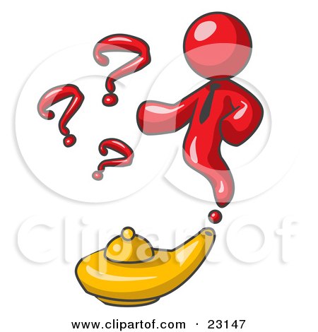 Clipart Illustration of a Red Genie Man Emerging From a Golden Lamp With Question Marks by Leo Blanchette