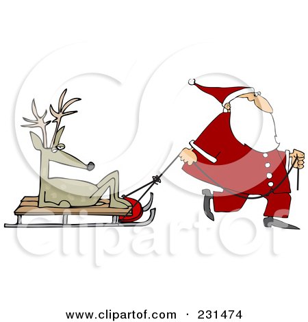 Royalty-Free (RF) Clipart Illustration of Santa Walking And Pulling A Sled With A Lazy Reindeer by djart