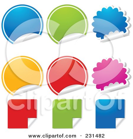 Royalty-Free (RF) Clipart Illustration of a Digital Collage Of Colorful Round, Burst And Square Peeling Stickers by elaineitalia