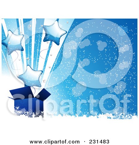 Royalty-Free (RF) Clipart Illustration of Blue Star Balloons Shooting Out Of A Blue Gift Box On Blue With Snow And Sparkles by elaineitalia