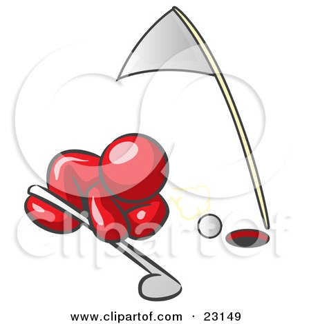 Clipart Illustration of a Red Man Down On The Ground, Trying To Blow A Golf Ball Into The Hole by Leo Blanchette