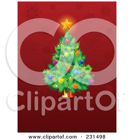 Royalty-Free (RF) Clipart Illustration of a Christmas Tree Over A Red Snowflake Background by Pushkin