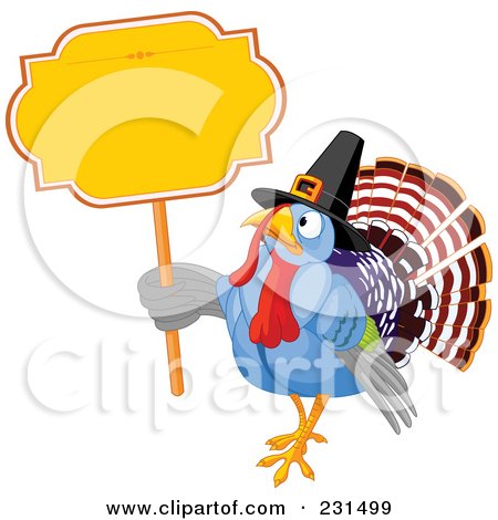 Royalty-Free (RF) Clipart Illustration of a Thanksgiving Turkey Bird Wearing A Pilgrim Hat And Holding A Blank Yellow Sign by Pushkin