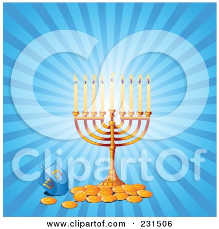 Royalty-Free (RF) Clipart Illustration of a Hanukkah Menorah With Gold Coins And A Driedel On Blue Rays by Pushkin