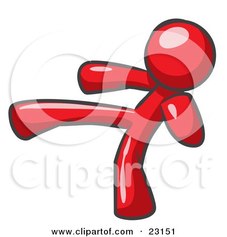 Clipart Illustration of a Red Man Kicking, Perhaps While Kickboxing by Leo Blanchette